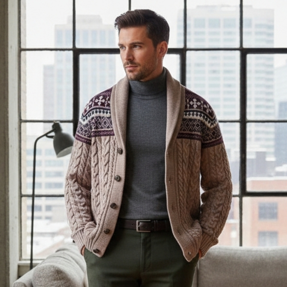 Daniel Hechter M Fair Isle Shawl Cable Knit Cardigan Nordic Contemporary Cozy